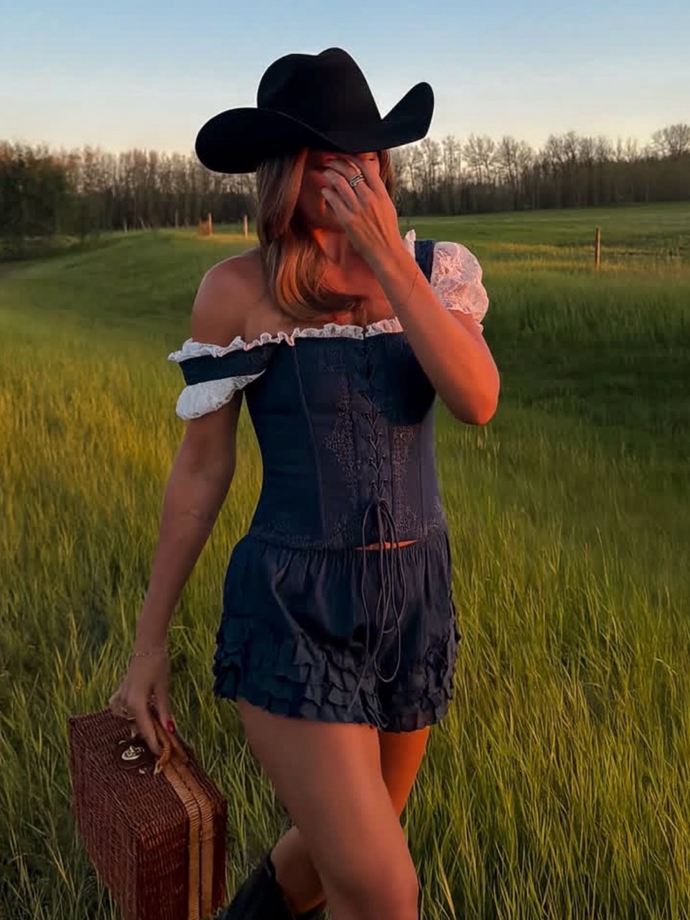 Denim Corset Matching Set with White Lace Trim